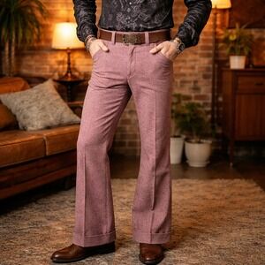 Vintage 70s MALE Mens 34x33 Burgundy Slub Weave Flare Pants‎ Cuffed Scovill